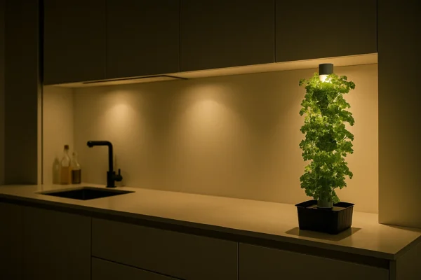 Integração de iluminação LED e design minimalista em aeroponia urbana