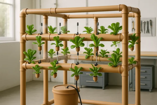 Montagem modular de aeroponia com tubos de PVC reaproveitados