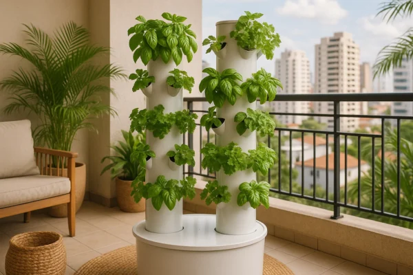 Sistema aeropônico vertical compacto para ervas aromáticas em apartamento