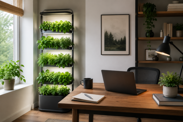 Aeroponia em home office: plantas frescas, bem-estar e design funcional